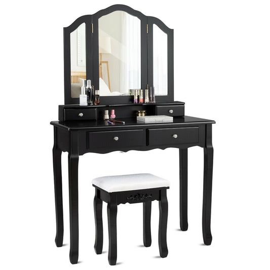 Tri Folding Mirror Vanity Table Stool Set with 4 Drawers and Cushioned Stool, Black - Gallery Canada