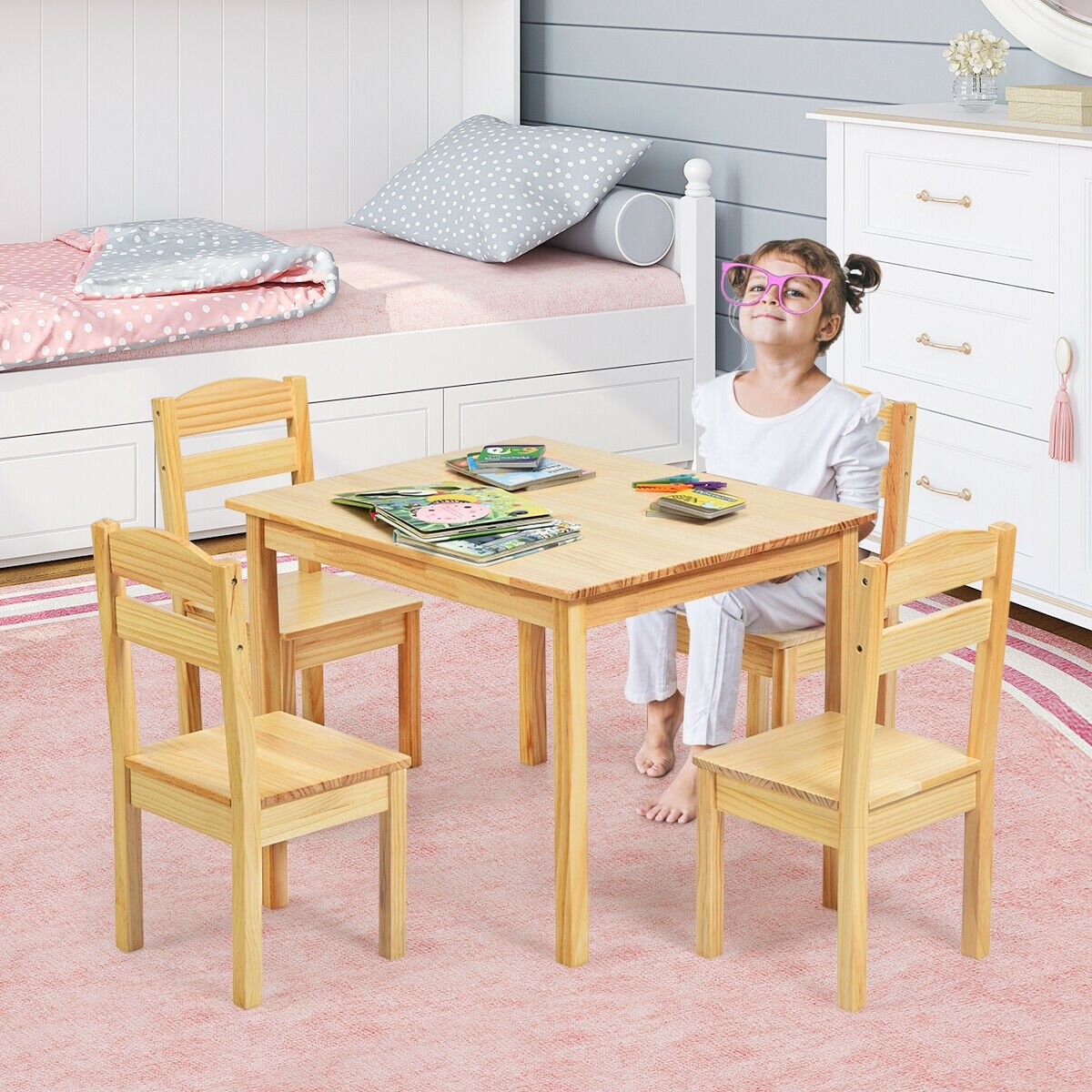 5 Pieces Kids Pine Wood Table Chair Set, Natural - Gallery Canada