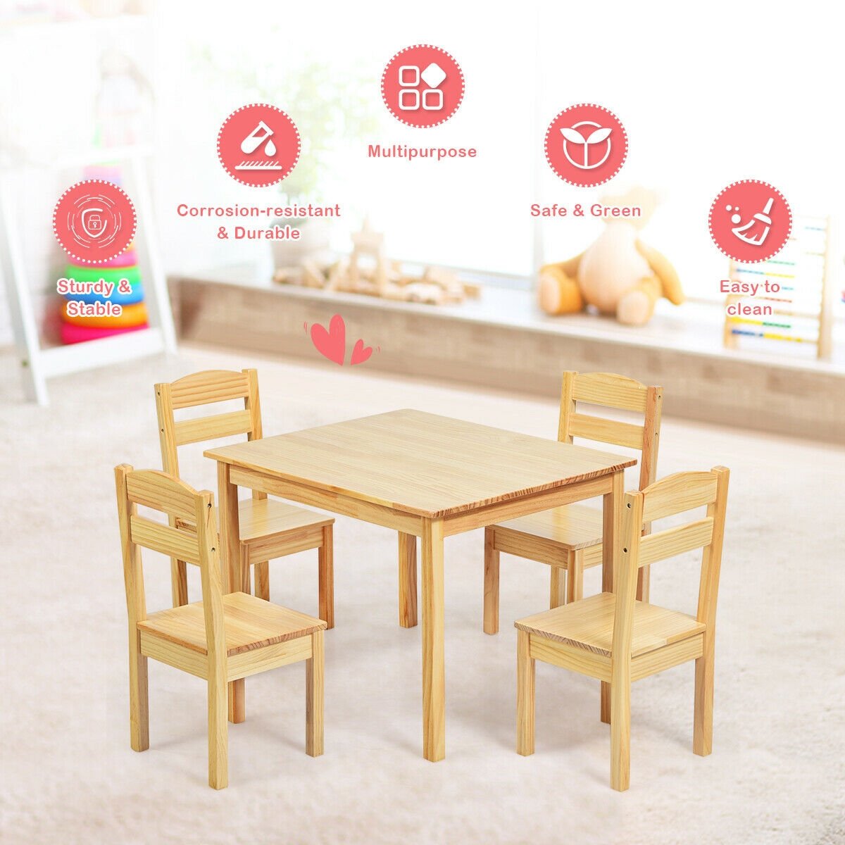 5 Pieces Kids Pine Wood Table Chair Set, Natural - Gallery Canada