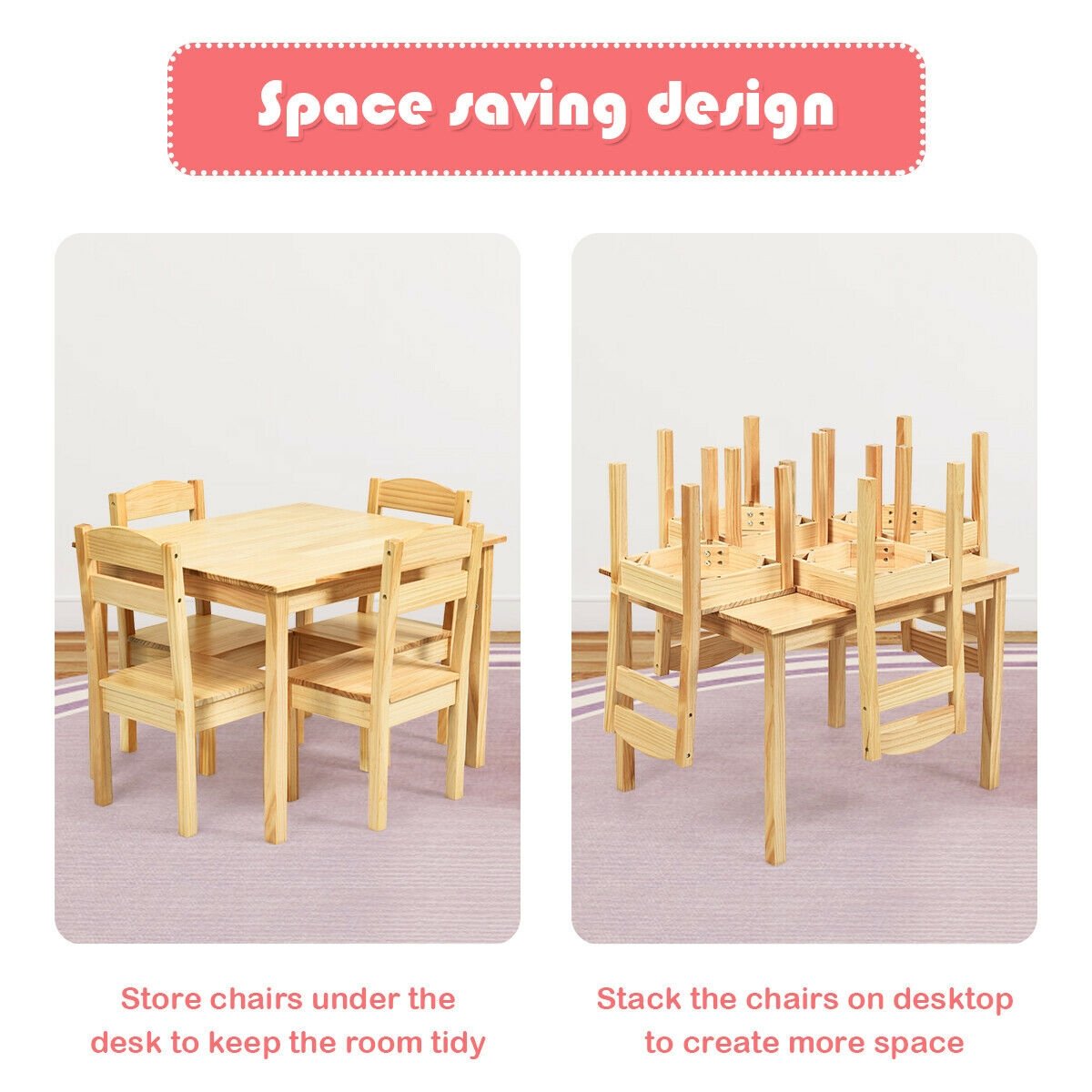 5 Pieces Kids Pine Wood Table Chair Set, Natural - Gallery Canada