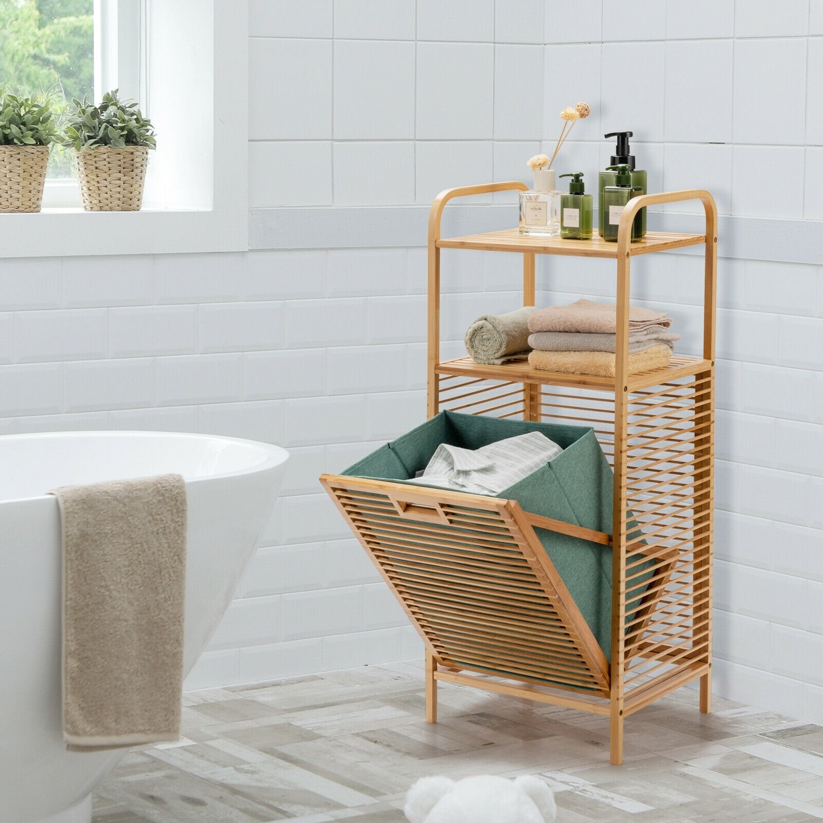 Tilt-out Bamboo Laundry Hamper  with 2-Tier Shelf and Removable Liner, Natural Laundry Baskets   at Gallery Canada