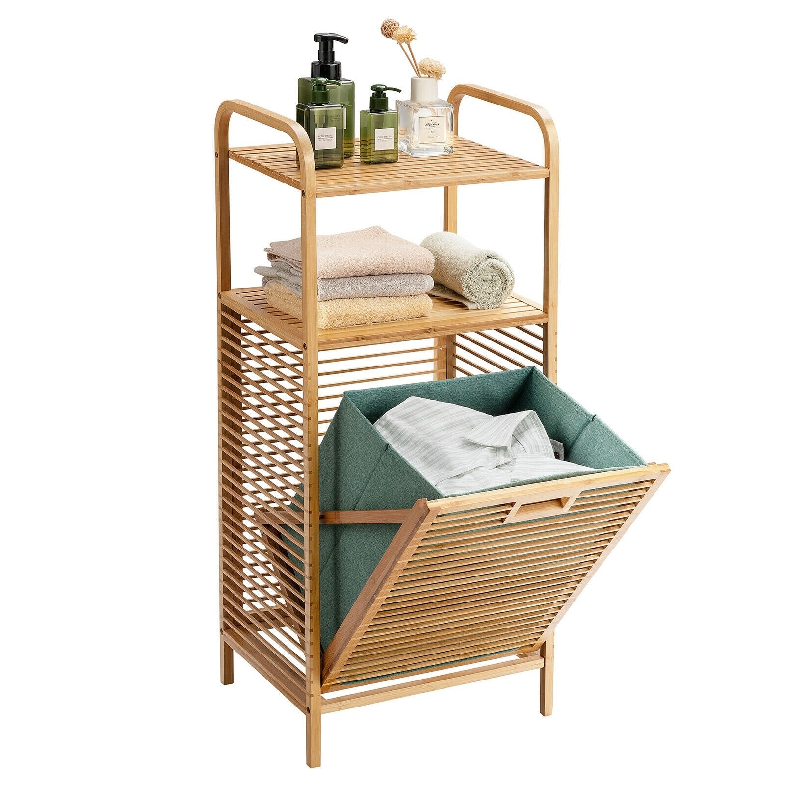 Tilt-out Bamboo Laundry Hamper  with 2-Tier Shelf and Removable Liner, Natural Laundry Baskets   at Gallery Canada