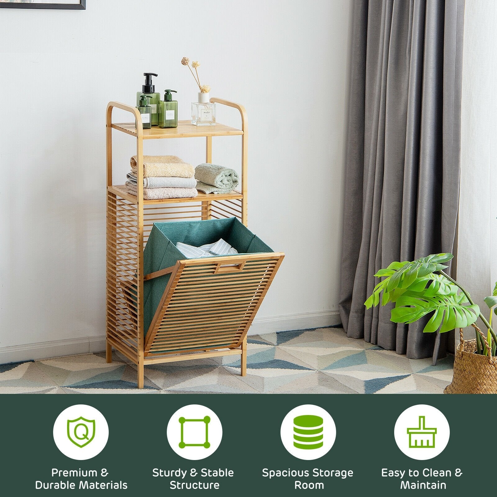 Tilt-out Bamboo Laundry Hamper  with 2-Tier Shelf and Removable Liner, Natural Laundry Baskets   at Gallery Canada