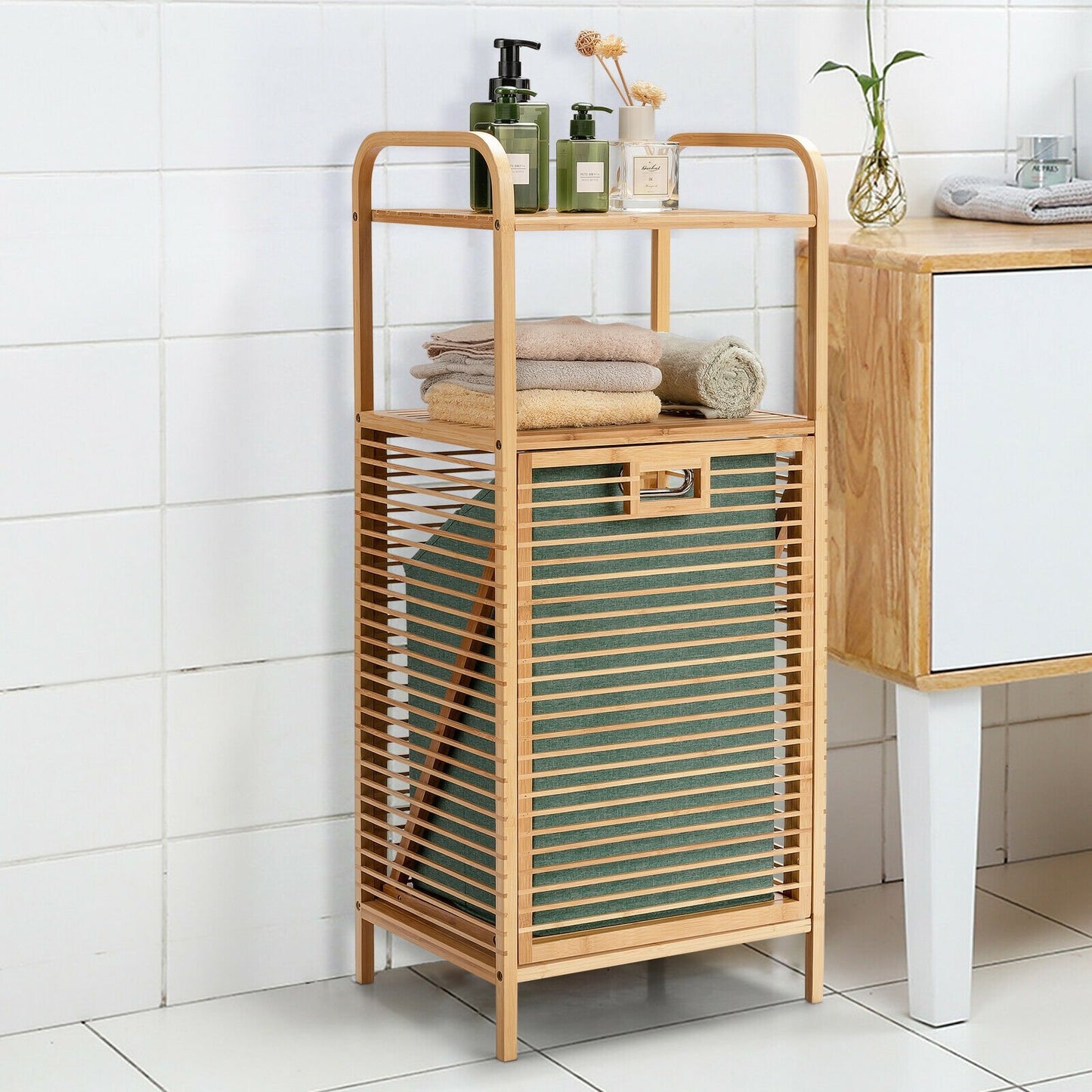 Tilt-out Bamboo Laundry Hamper  with 2-Tier Shelf and Removable Liner, Natural Laundry Baskets   at Gallery Canada