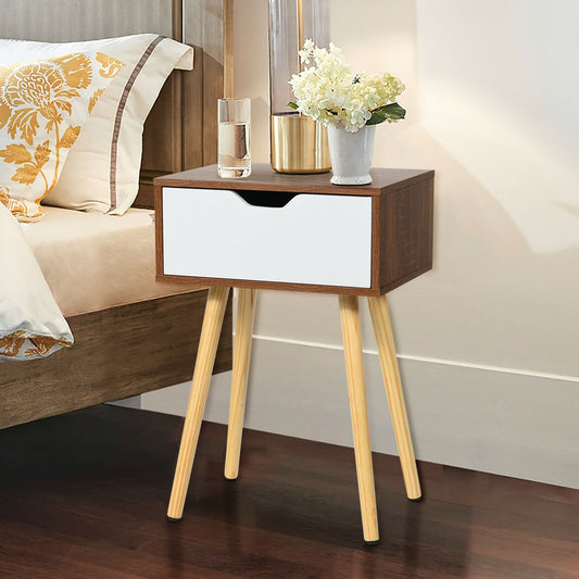 End Side Storage Drawer Nightstand with Solid Wooden Leg, Brown Nightstands   at Gallery Canada