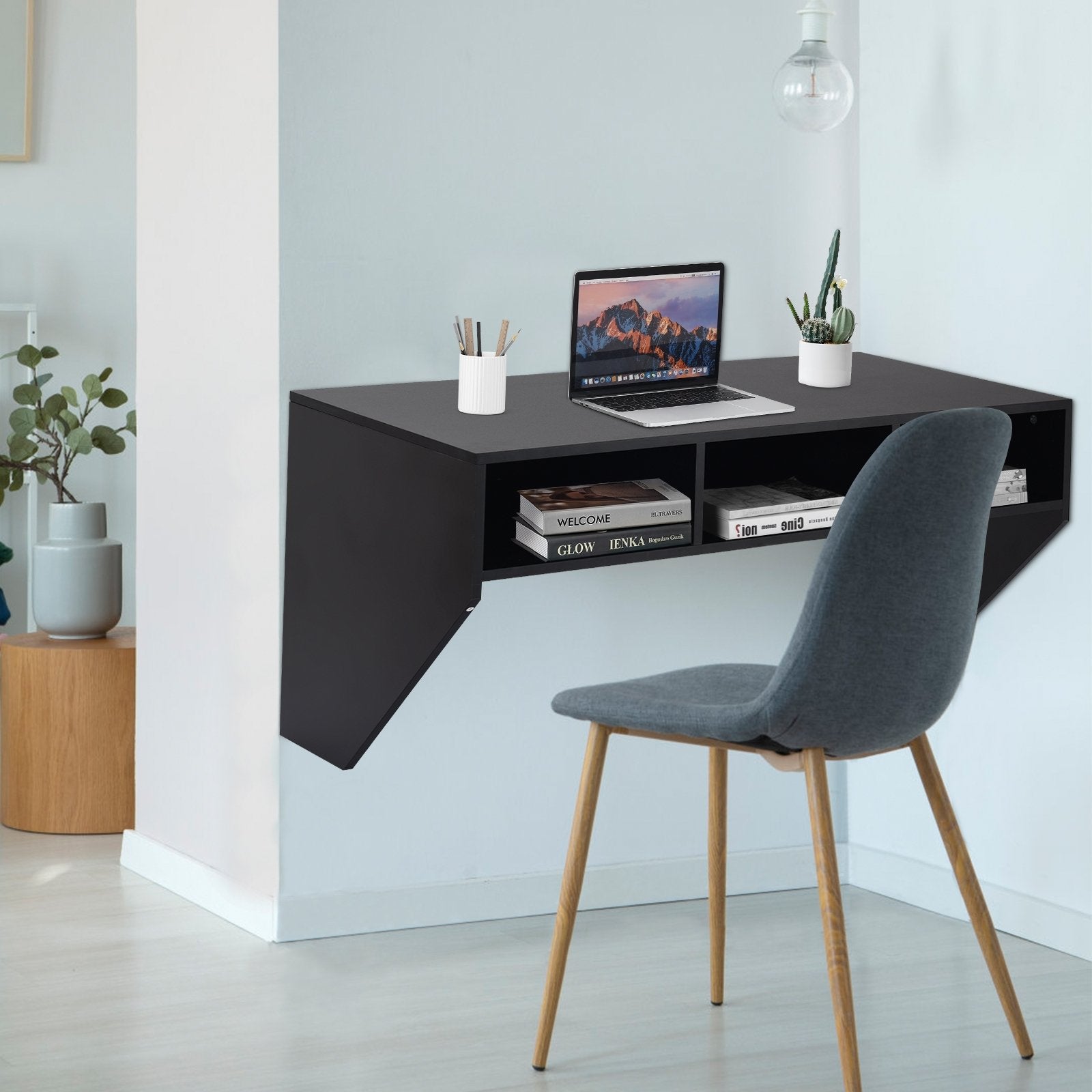 Wall Mounted Floating Sturdy Computer Table with Storage Shelf, Black Laptop Tables & Printer Stands   at Gallery Canada