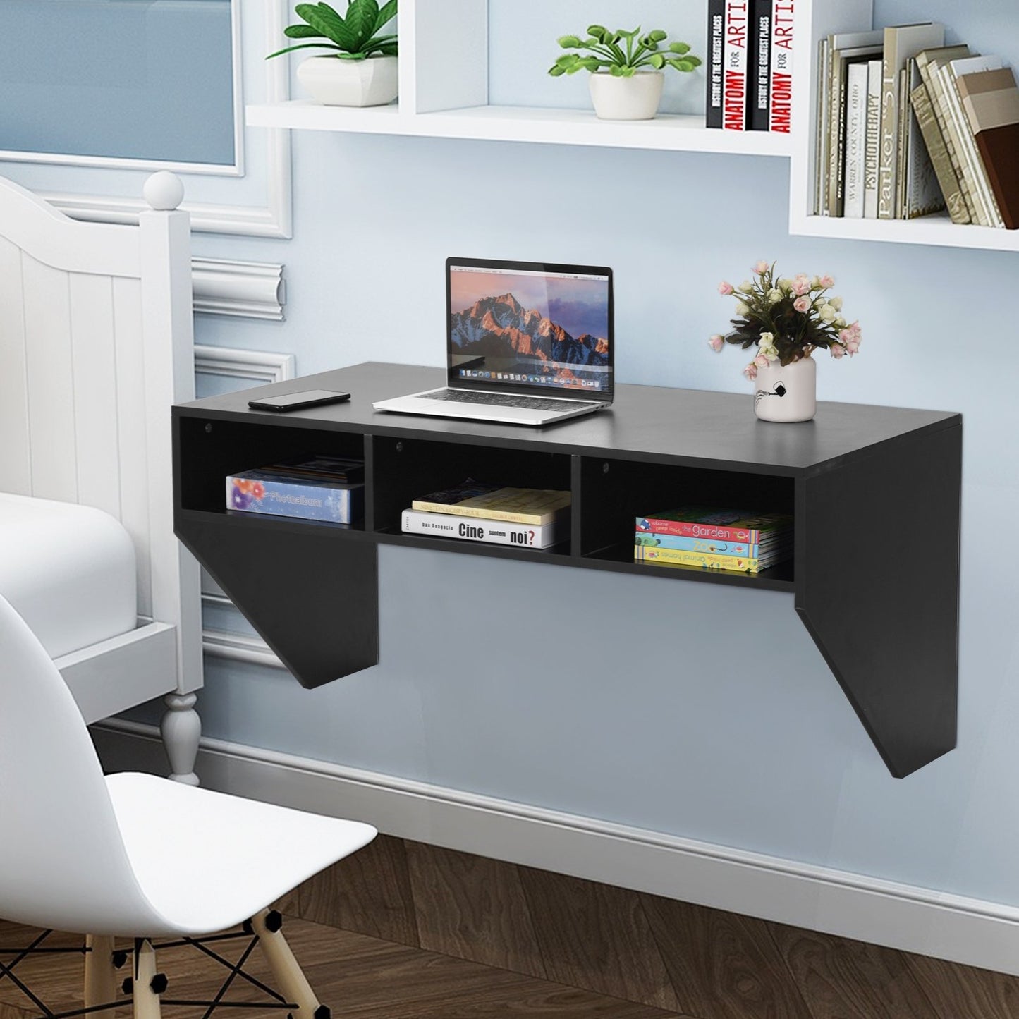 Wall Mounted Floating Sturdy Computer Table with Storage Shelf, Black - Gallery Canada