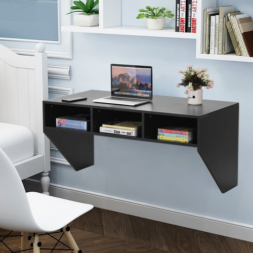 Wall Mounted Floating Sturdy Computer Table with Storage Shelf, Black