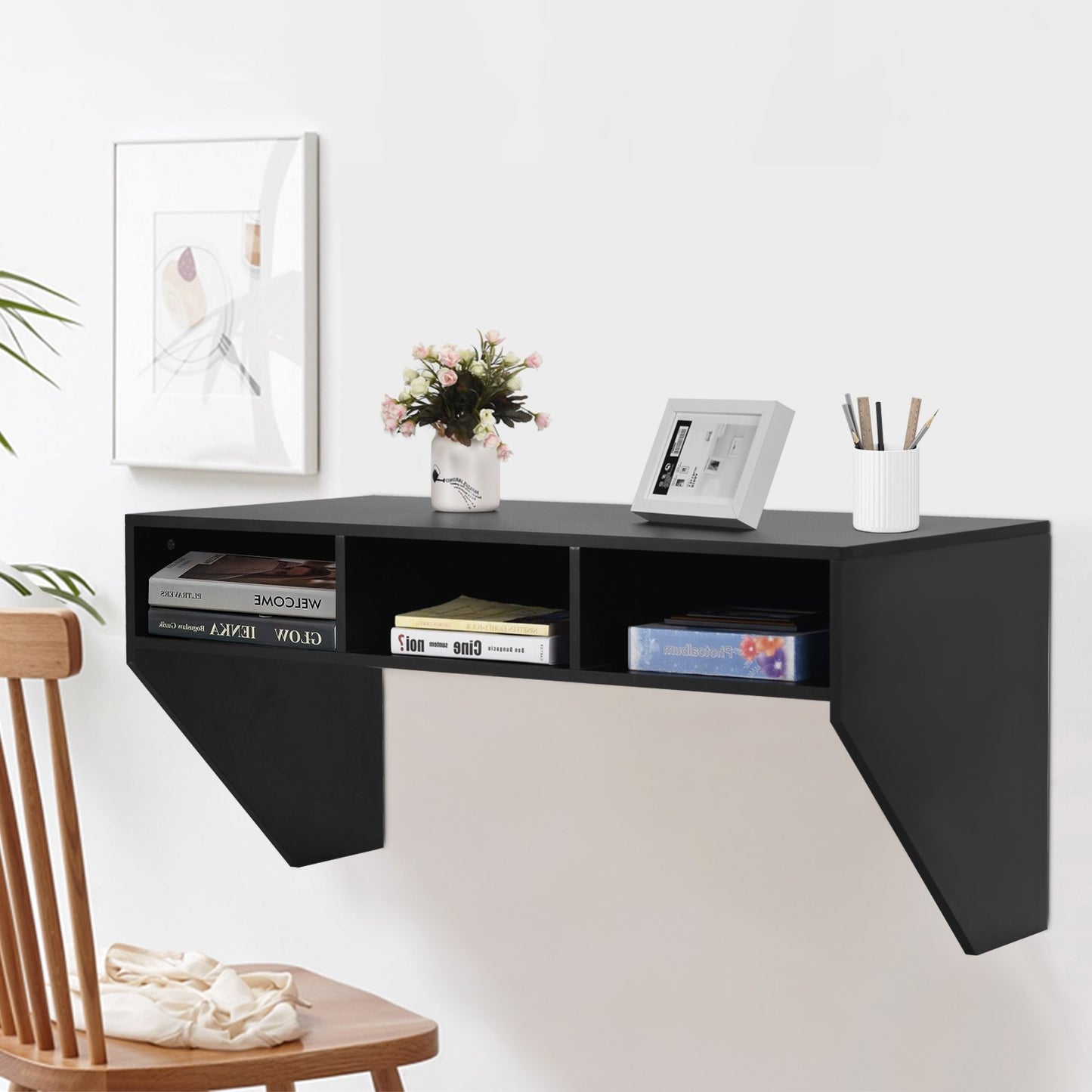 Wall Mounted Floating Sturdy Computer Table with Storage Shelf, Black - Gallery Canada