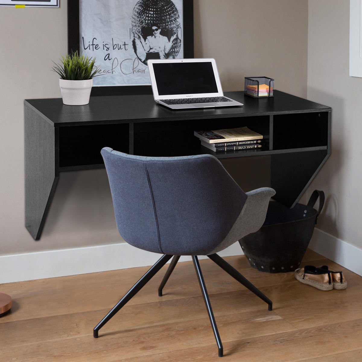 Wall Mounted Floating Sturdy Computer Table with Storage Shelf, Black - Gallery Canada
