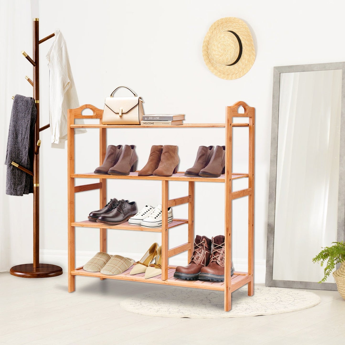 4 Tiers Multifunction Bamboo Storage Shoe Rack for Entryway Hallway, Natural Shoe Racks & Storage Benches   at Gallery Canada