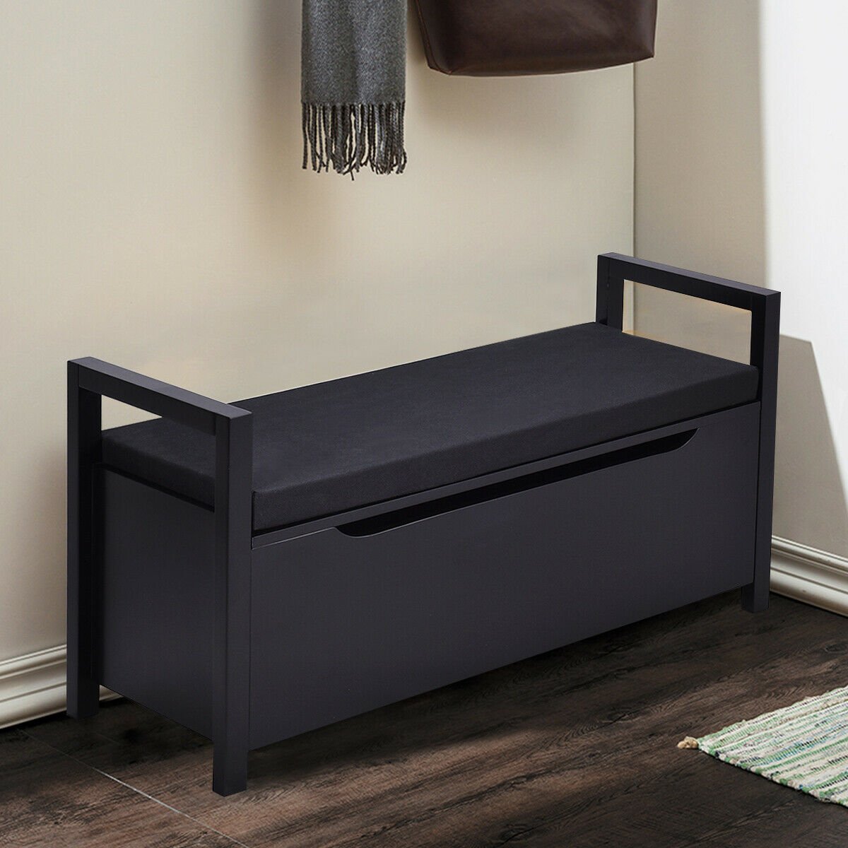 34.5 ×15.5 ×19.5 Inch Shoe Storage Bench with Cushion Seat for Entryway, Black Shoe Racks & Storage Benches   at Gallery Canada