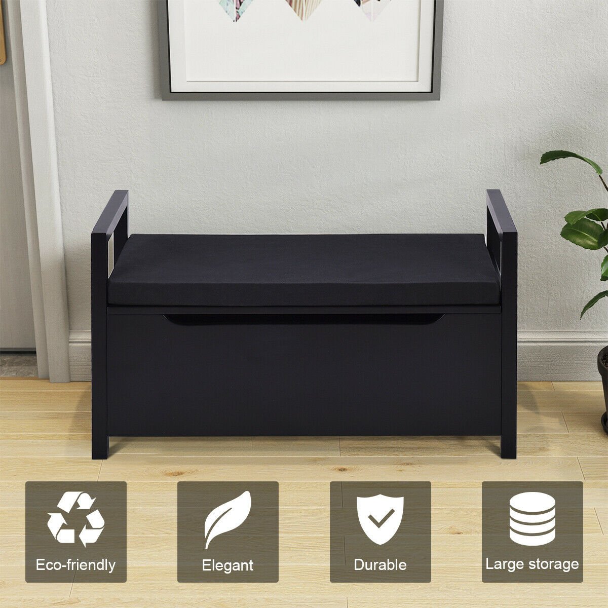 34.5 ×15.5 ×19.5 Inch Shoe Storage Bench with Cushion Seat for Entryway, Black Shoe Racks & Storage Benches   at Gallery Canada