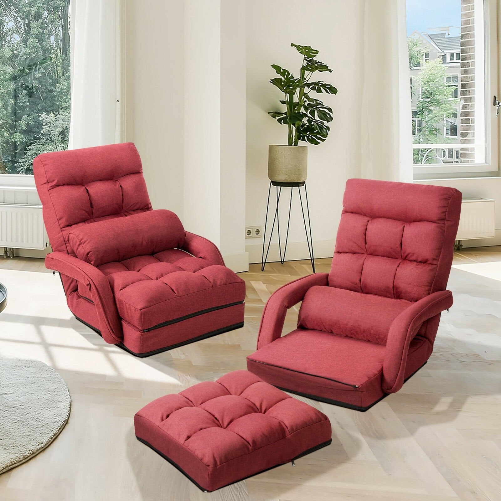 Folding Lazy Floor Chair Sofa with Armrests and Pillow, Red Floor Chairs   at Gallery Canada