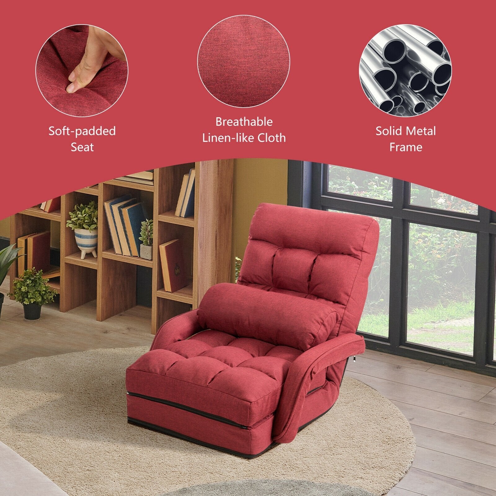 Folding Lazy Floor Chair Sofa with Armrests and Pillow, Red Floor Chairs   at Gallery Canada