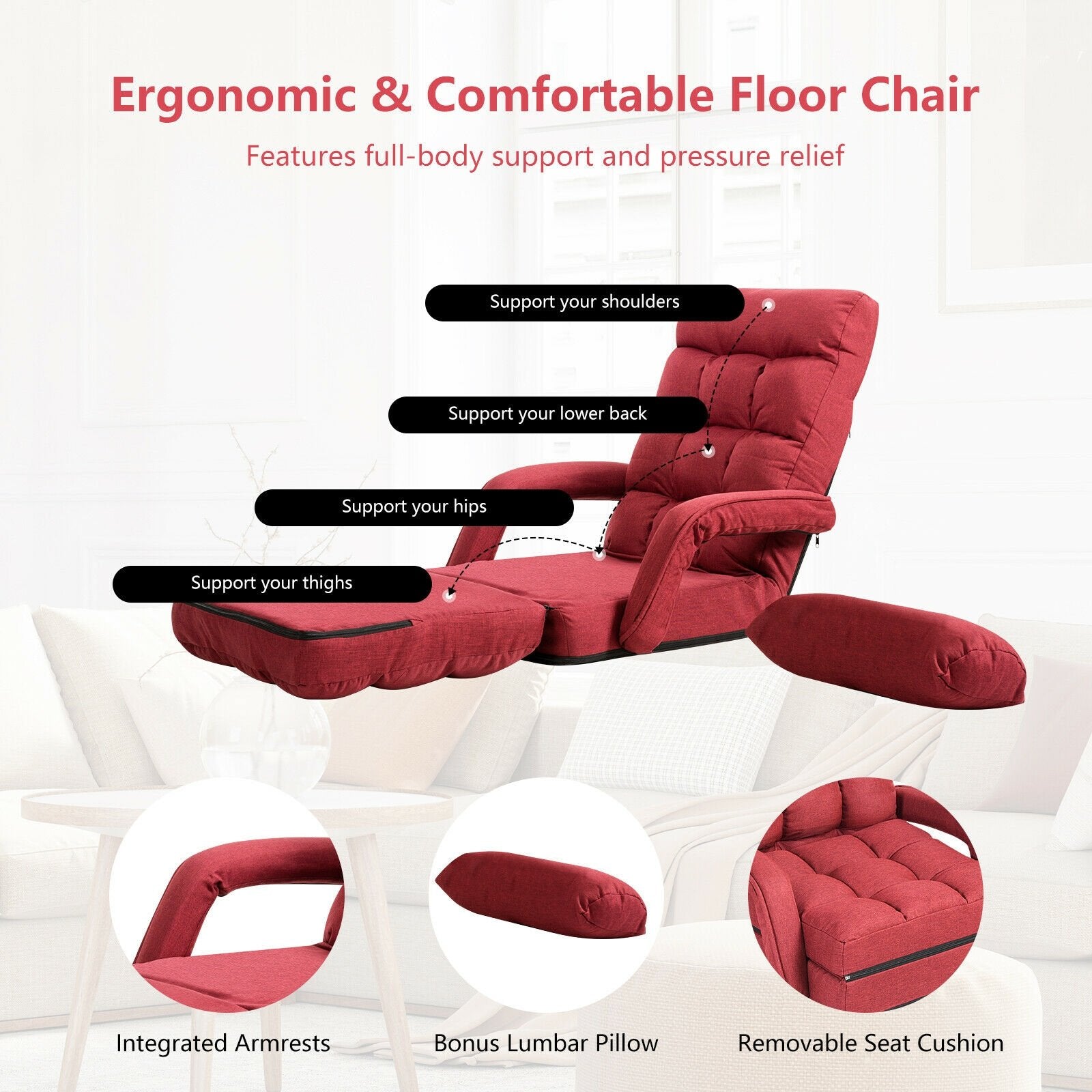 Folding Lazy Floor Chair Sofa with Armrests and Pillow, Red Floor Chairs   at Gallery Canada