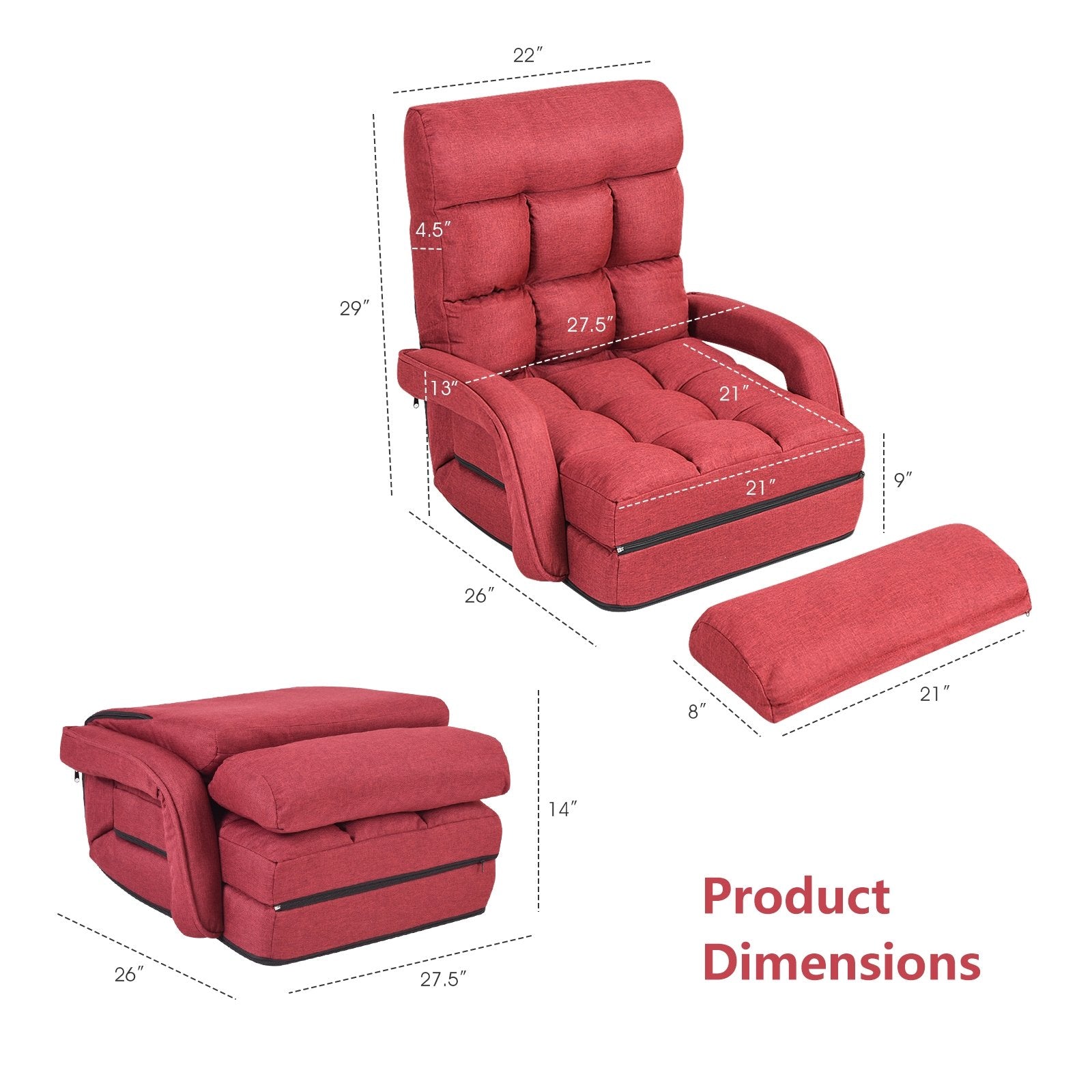 Folding Lazy Floor Chair Sofa with Armrests and Pillow, Red Floor Chairs   at Gallery Canada