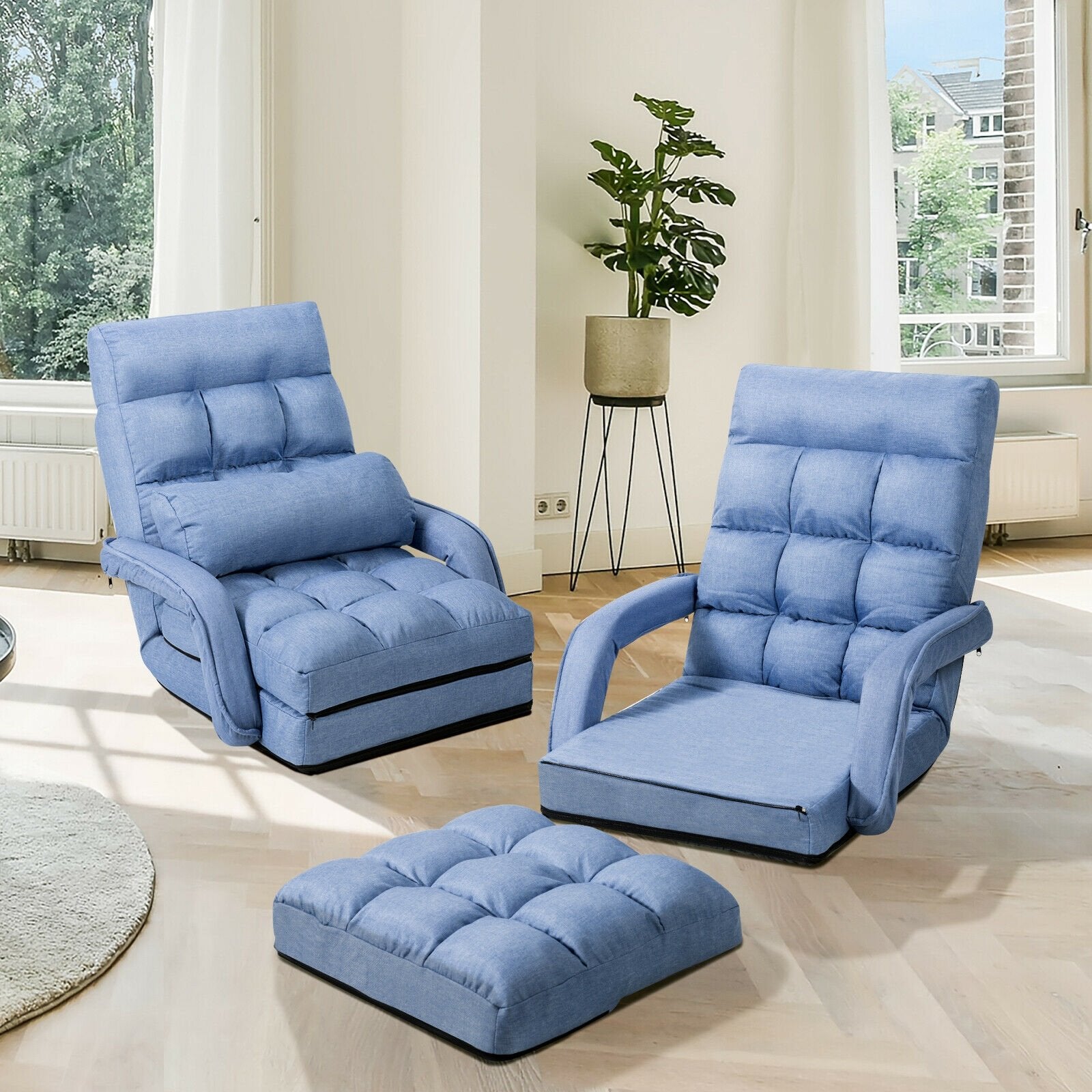 Folding Lazy Floor Chair Sofa with Armrests and Pillow, Blue Floor Chairs   at Gallery Canada