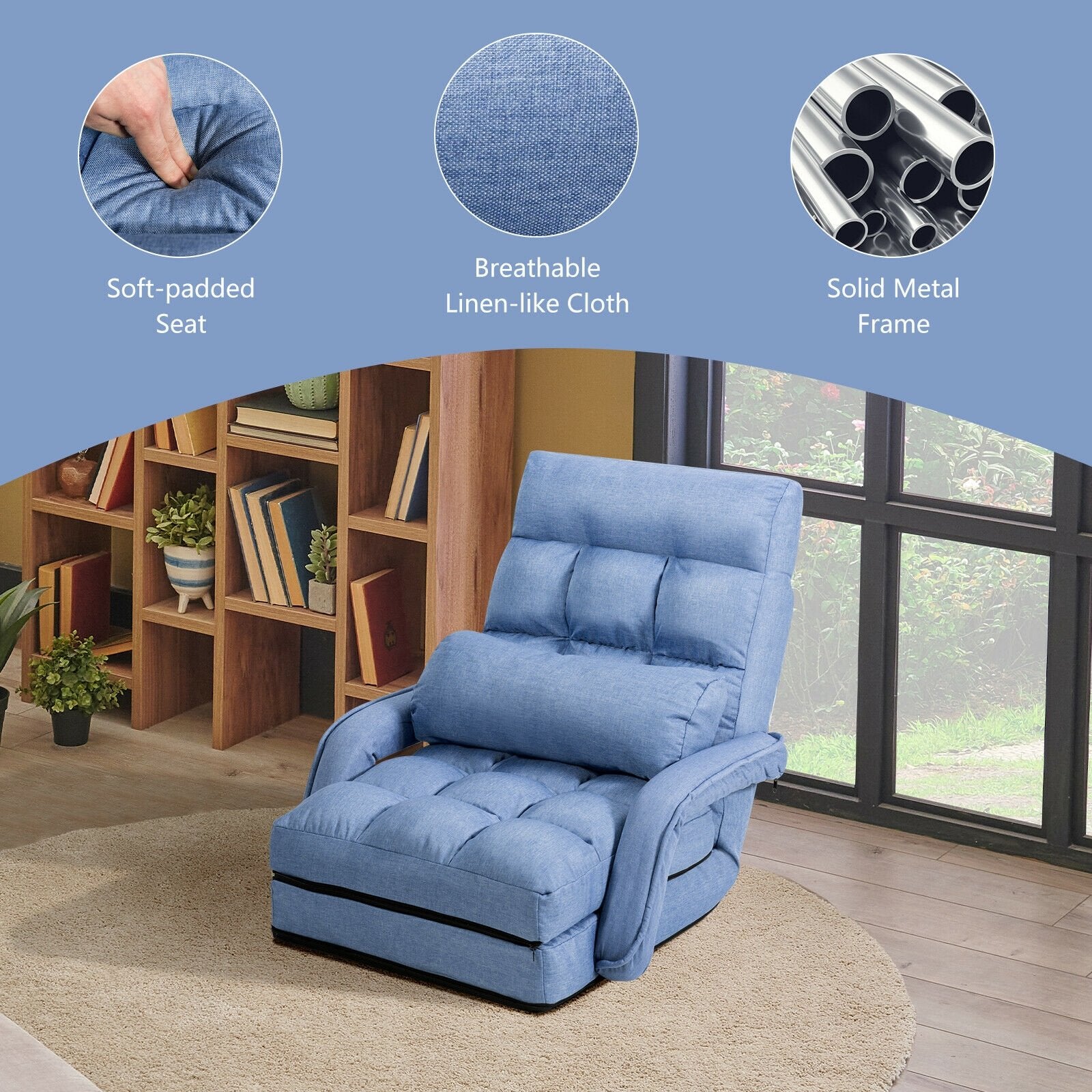 Folding Lazy Floor Chair Sofa with Armrests and Pillow, Blue Floor Chairs   at Gallery Canada