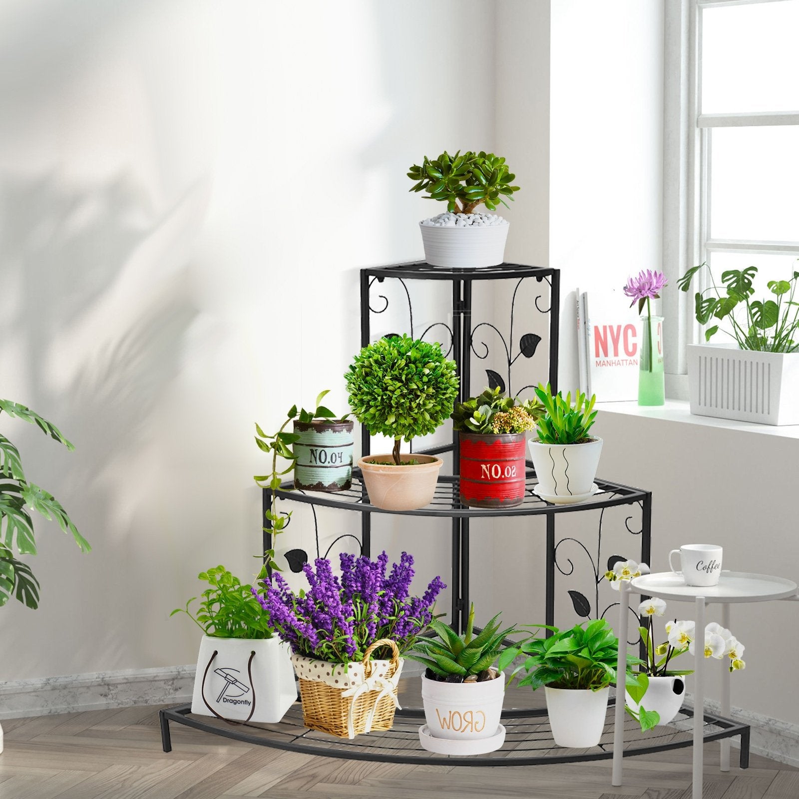 3 Tier Floral Corner Metal Plant Pot Rack, Black Plant Stands   at Gallery Canada