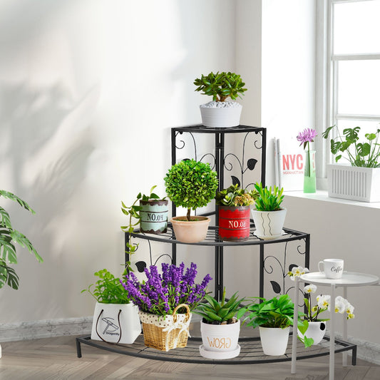 3 Tier Floral Corner Metal Plant Pot Rack, Black - Gallery Canada