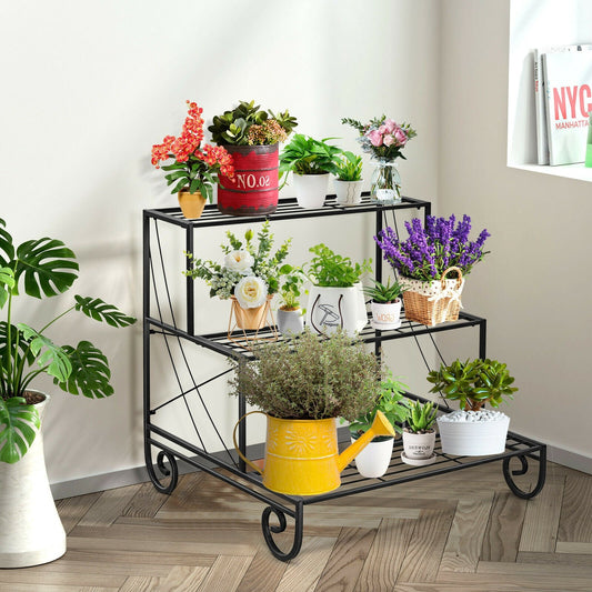 3 Tier Outdoor Metal Garden Planter Holder Shelf, Black - Gallery Canada