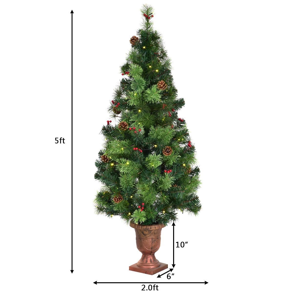 3/4/5 Feet LED Christmas Tree with Red Berries Pine Cones-5 ft, Green Christmas Tree   at Gallery Canada