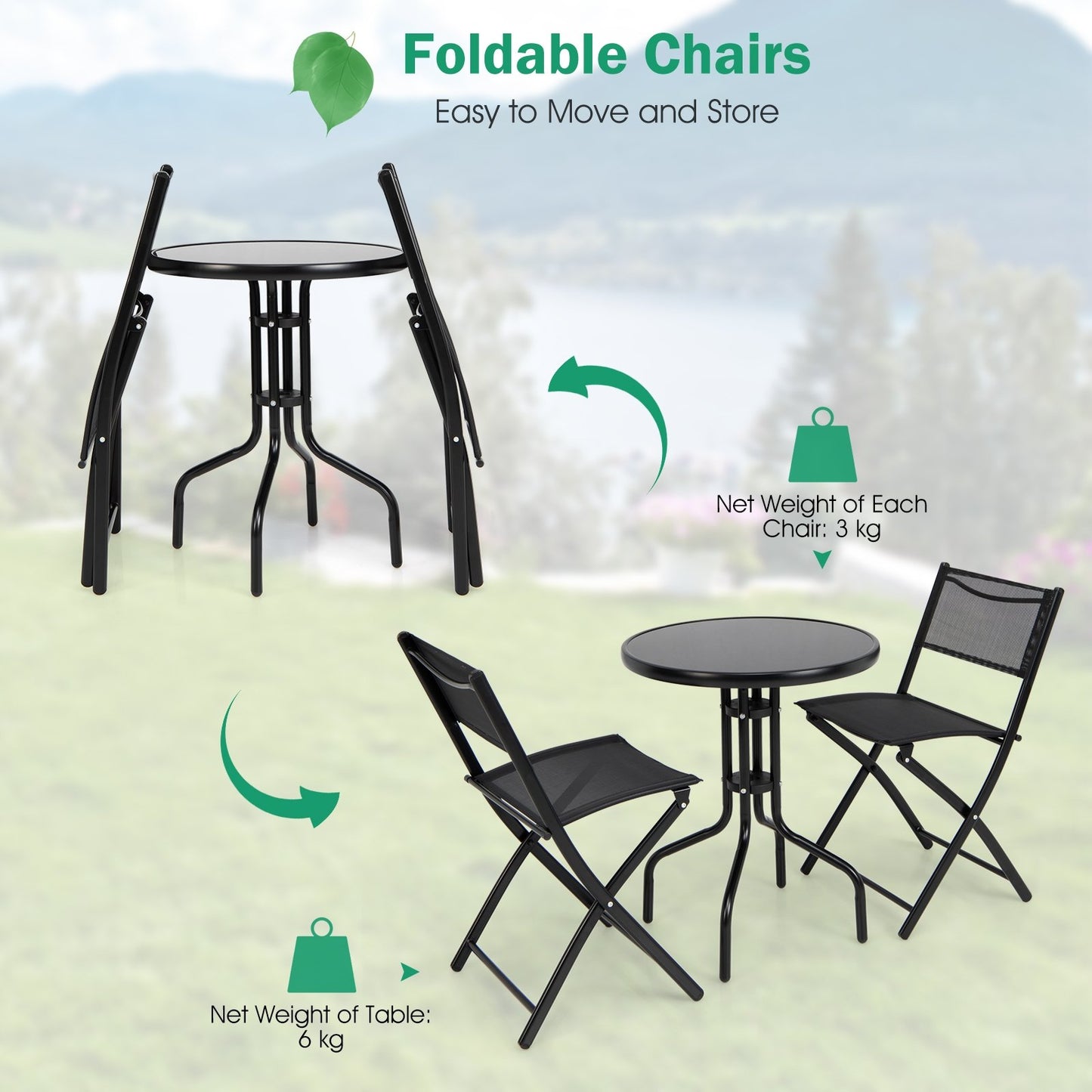 3 Pieces Folding Bistro Table Chairs Set for Indoor and Outdoor, Black Patio Conversation Sets   at Gallery Canada