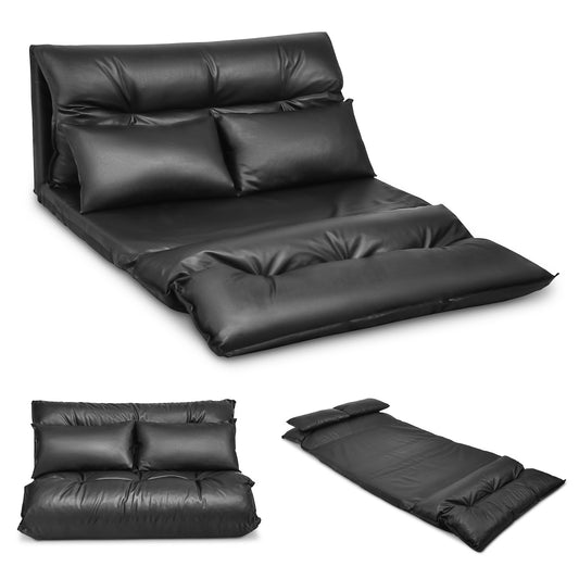 Foldable PU Leather Leisure Floor Sofa Bed with 2 Pillows, Black Floor Chairs   at Gallery Canada