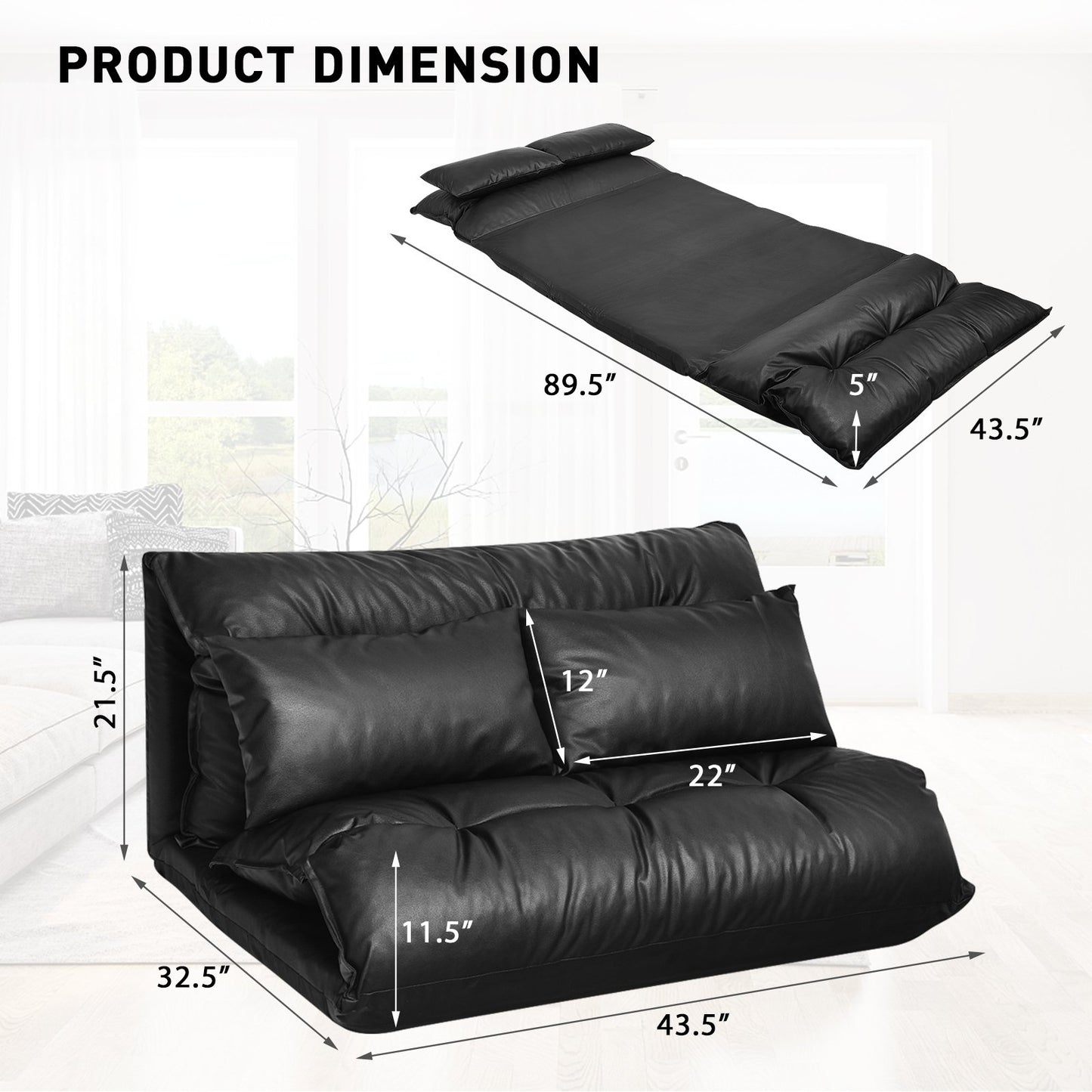 Foldable PU Leather Leisure Floor Sofa Bed with 2 Pillows, Black Floor Chairs   at Gallery Canada