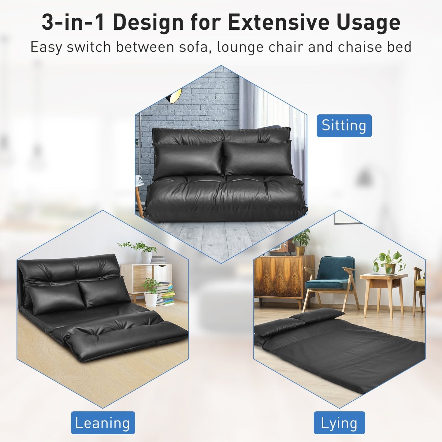 Foldable PU Leather Leisure Floor Sofa Bed with 2 Pillows, Black Floor Chairs   at Gallery Canada