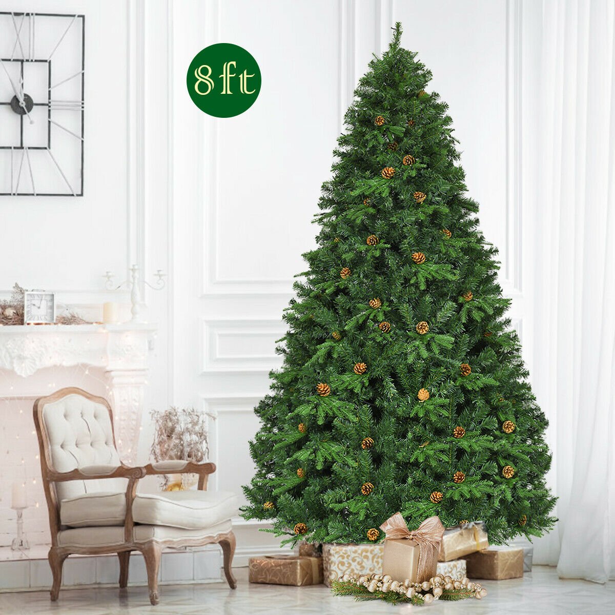 Flocked Artificial Christmas Tree with LED Lights and Pine Cones-8 ft, Green Christmas Tree   at Gallery Canada