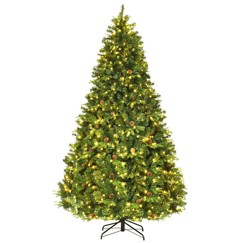 Flocked Artificial Christmas Tree with LED Lights and Pine Cones-8 ft, Green