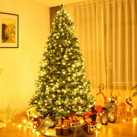 Flocked Artificial Christmas Tree with LED Lights and Pine Cones-8 ft, Green Christmas Tree   at Gallery Canada