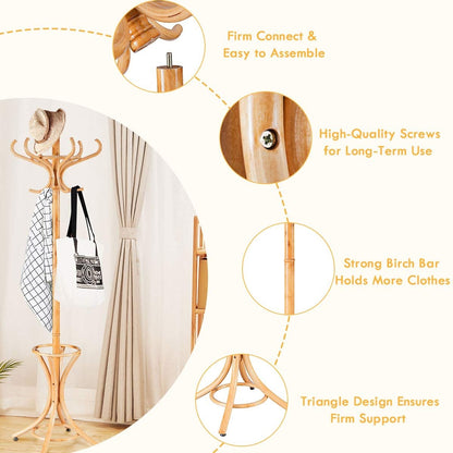 Wood Standing Hat Coat Rack with Umbrella Stand, Natural - Gallery Canada