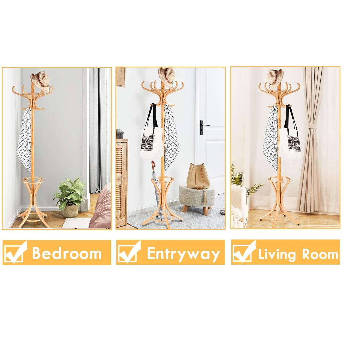 Wood Standing Hat Coat Rack with Umbrella Stand, Natural Coat Racks & Hall Trees   at Gallery Canada