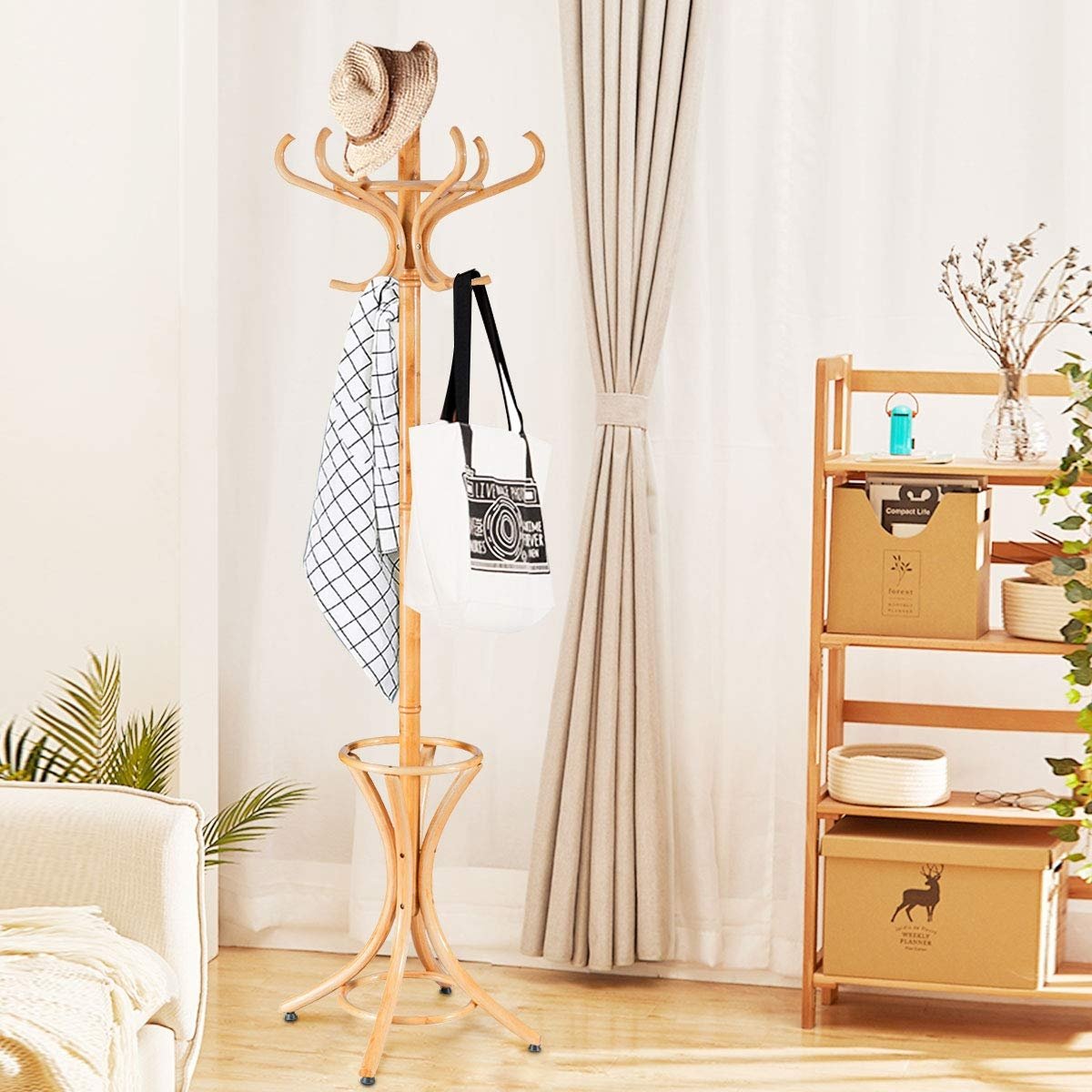 Wood Standing Hat Coat Rack with Umbrella Stand, Natural Coat Racks & Hall Trees   at Gallery Canada