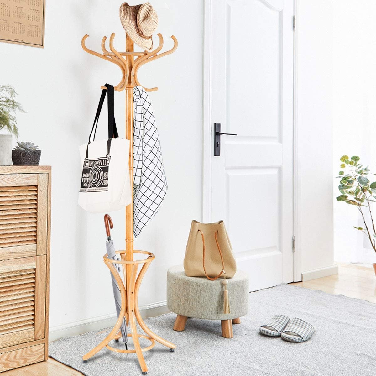 Wood Standing Hat Coat Rack with Umbrella Stand, Natural Coat Racks & Hall Trees   at Gallery Canada