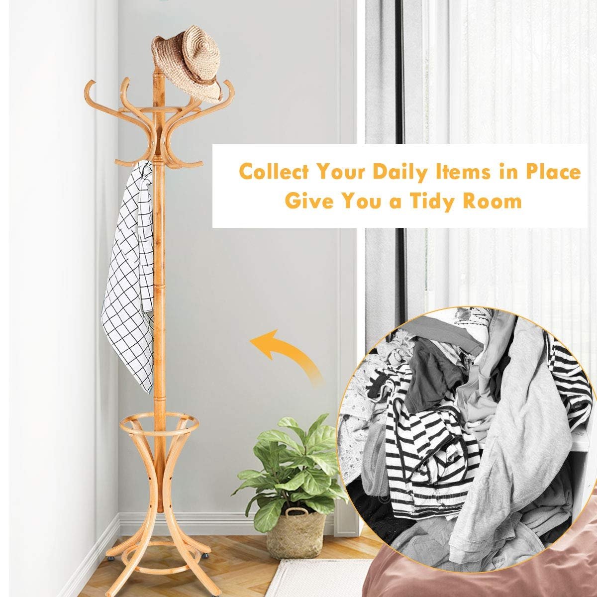 Wood Standing Hat Coat Rack with Umbrella Stand, Natural Coat Racks & Hall Trees   at Gallery Canada