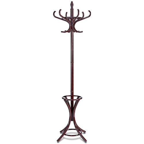 Wood Standing Hat Coat Rack w/ Umbrella Stand, Brown