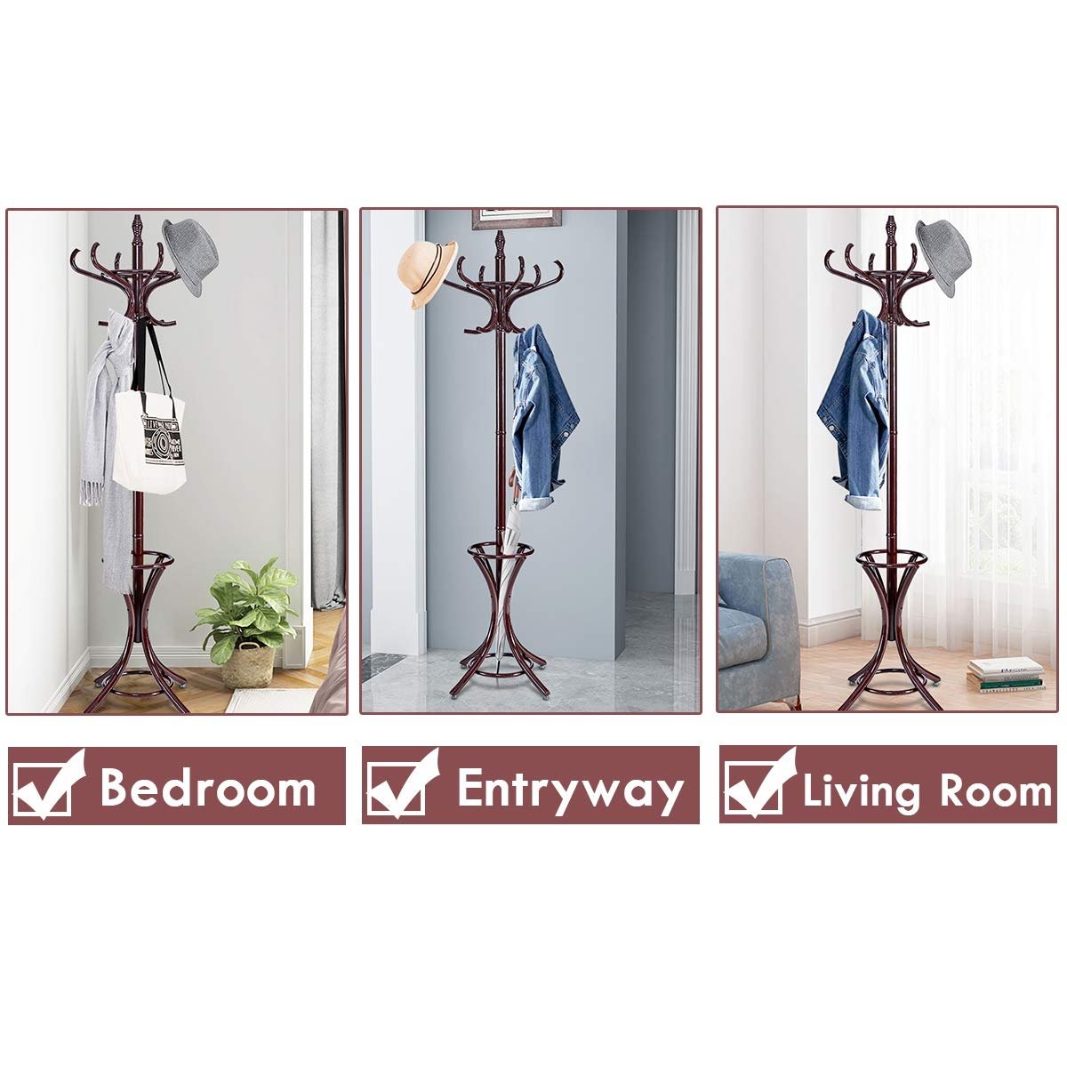 Wood Standing Hat Coat Rack w/ Umbrella Stand, Brown - Gallery Canada