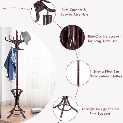 Wood Standing Hat Coat Rack w/ Umbrella Stand, Brown - Gallery Canada