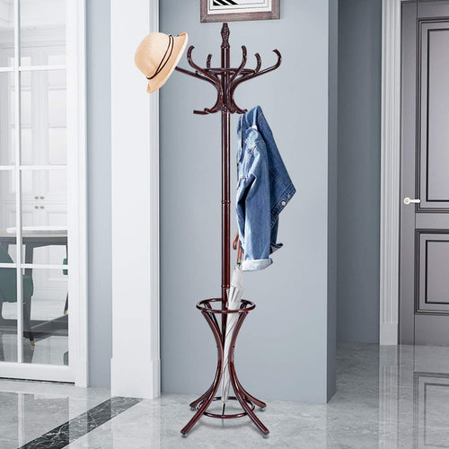 Wood Standing Hat Coat Rack w/ Umbrella Stand, Brown