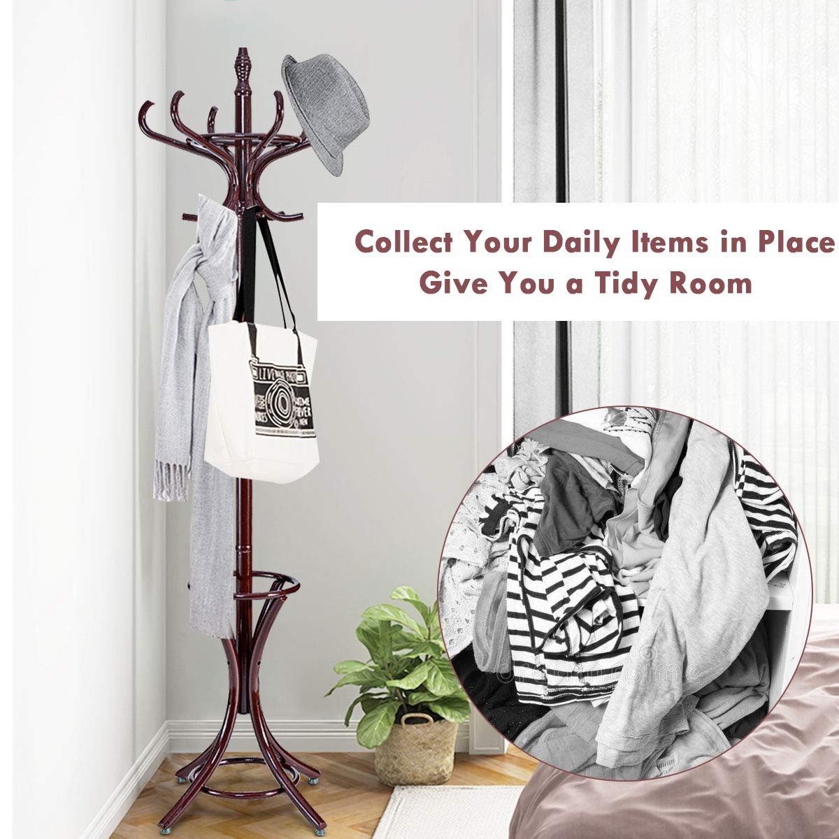 Wood Standing Hat Coat Rack w/ Umbrella Stand, Brown - Gallery Canada