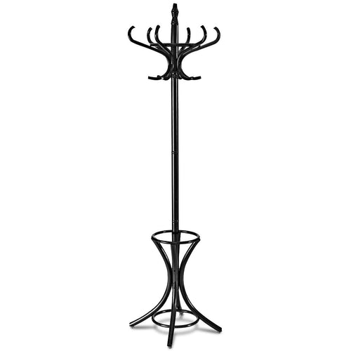 Wood Standing Hat Coat Rack w/ Umbrella Stand, Black