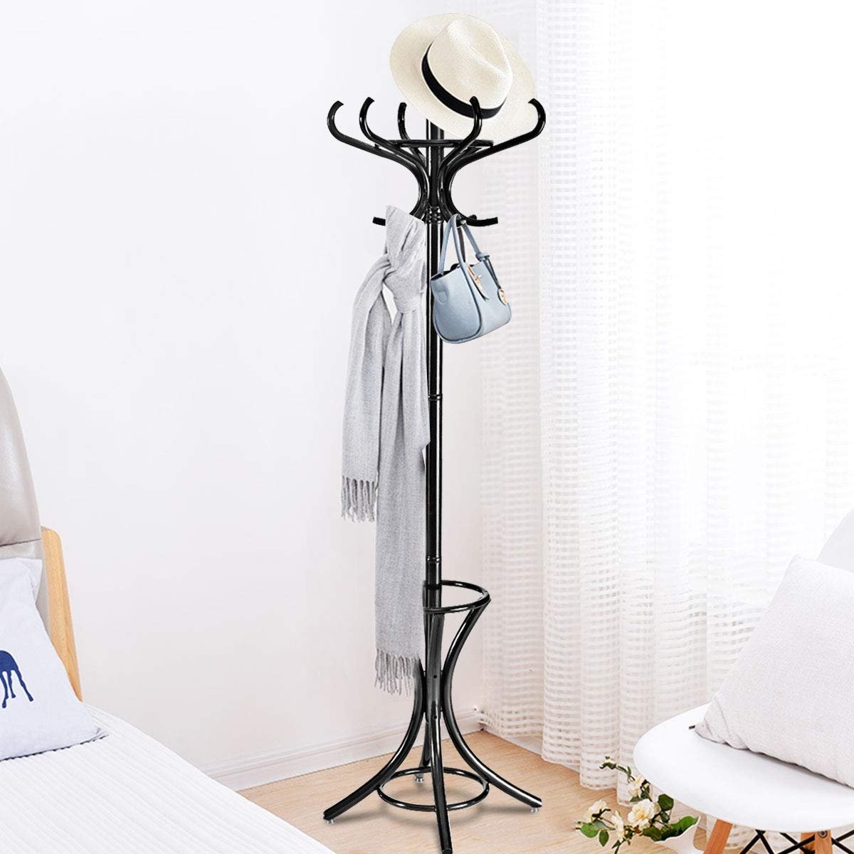 Wood Standing Hat Coat Rack w/ Umbrella Stand, Black - Gallery Canada