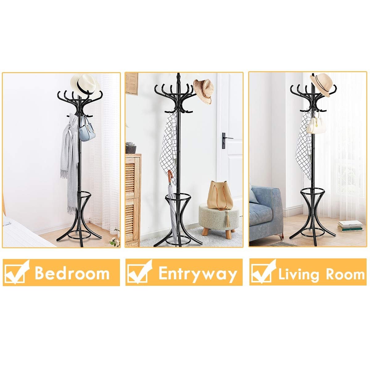 Wood Standing Hat Coat Rack w/ Umbrella Stand, Black Coat Racks & Hall Trees   at Gallery Canada