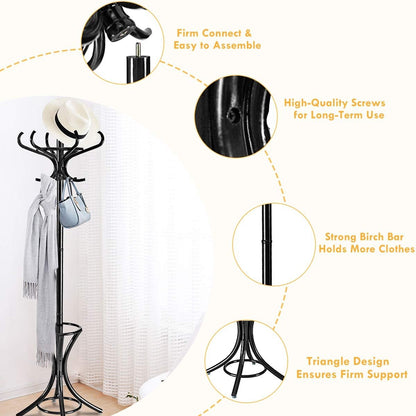 Wood Standing Hat Coat Rack w/ Umbrella Stand, Black - Gallery Canada