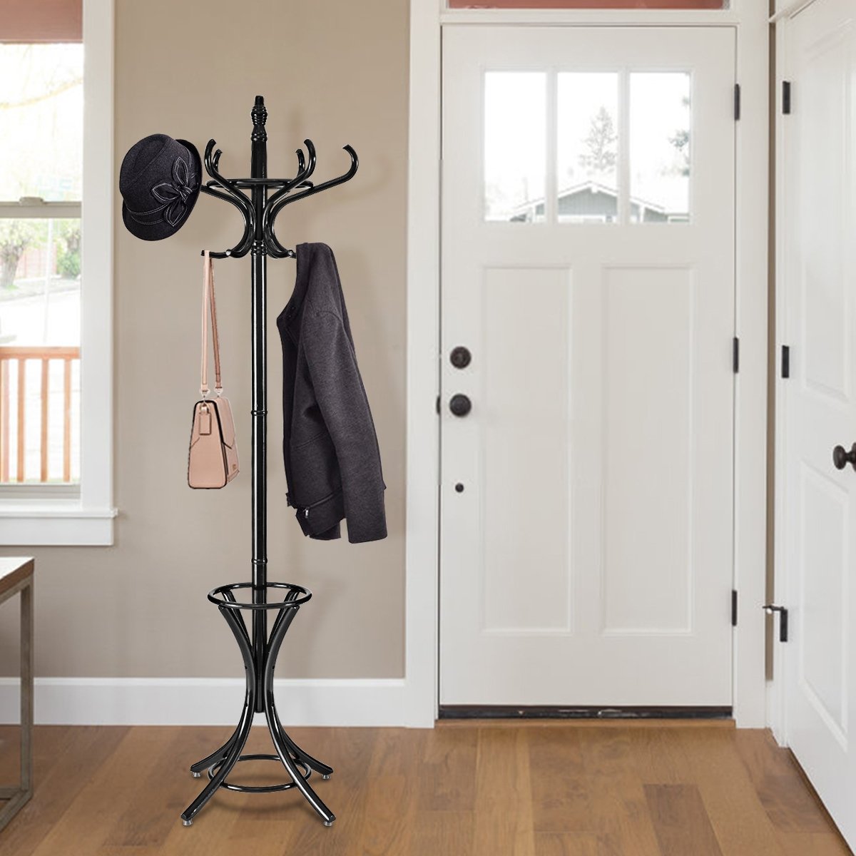 Wood Standing Hat Coat Rack w/ Umbrella Stand, Black Coat Racks & Hall Trees   at Gallery Canada