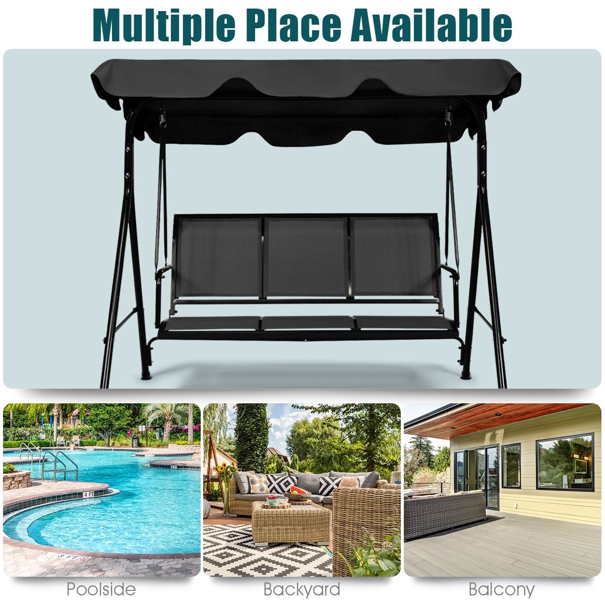 Outdoor Patio Swing Canopy 3 Person Canopy Swing Chair, Black Porch Swings   at Gallery Canada